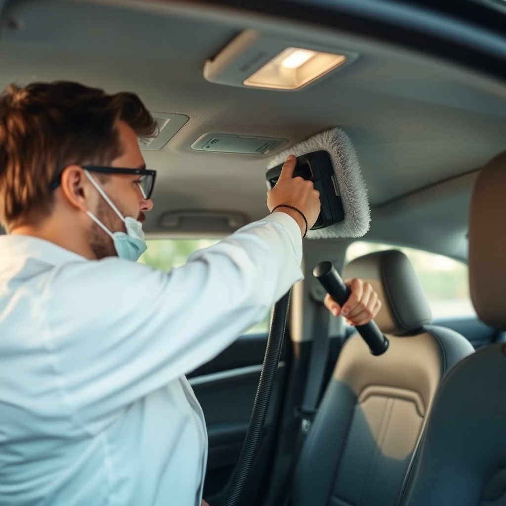 A technician carefully vacuuming the interior of a car, paying attention to detail in hard-to-reach areas. Use soft, diffused lighting to highlight the cleanliness and freshness of the interior. Focus on portraying a healthy and comfortable driving environment.
