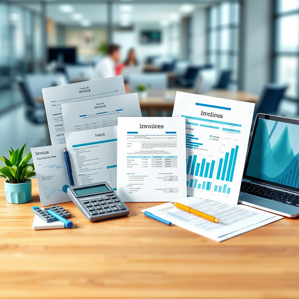 A variety of financial documents and tools arranged in a visually appealing way. The documents include invoices, balance sheets, and tax returns. The tools include calculators, laptops, and pens. Use a color palette of blues and greens to convey trust and expertise. The background is a blurred image of a modern office, creating a sense of collaboration. Technical specs: 4K resolution, high-quality, stylized rendering.
