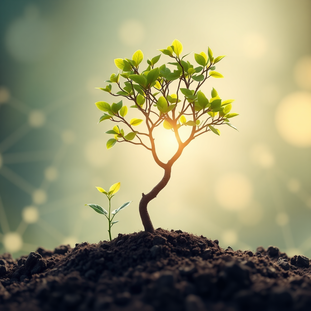 A visual representation of a small plant growing into a large, thriving tree. The plant represents a start-up business, and the tree represents a successful, established enterprise. The background includes a network of interconnected nodes, symbolizing scalability and interconnectedness. Soft, natural light enhances the sense of growth and potential. Technical specs: 4K resolution, high-quality, stylized rendering.