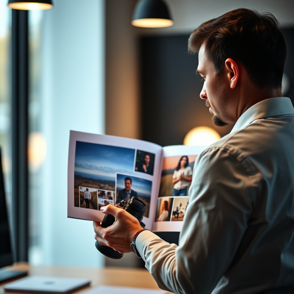 A visually striking image displaying a photographer in a professional setting, confidently presenting their portfolio to a potential client. The photographer is backlit, with the portfolio illuminated. The scene suggests trust and professionalism. The color palette is predominantly neutral, with a pop of color from the portfolio. 4k resolution.
