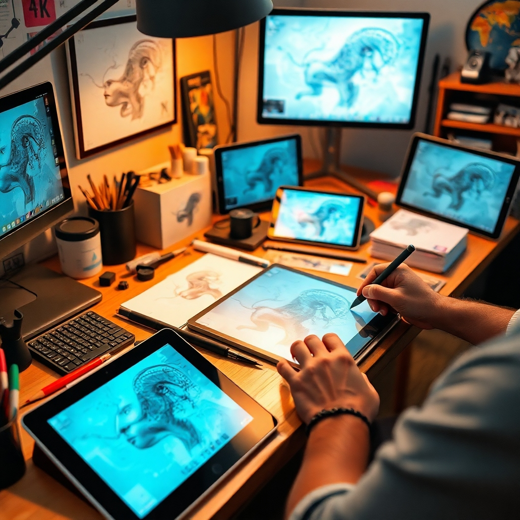 An artist's desk cluttered with digital tools – tablets, styluses, and screens displaying AI-generated artwork. The scene should convey the collaborative relationship between human creativity and artificial intelligence. Use a warm, inviting color palette with soft lighting. Render in high detail, capturing the textures of the desk and the tools. Camera angle: close-up, focusing on the desk and the artist's hands. Style: Modern digital art studio. 4K resolution, photorealistic.