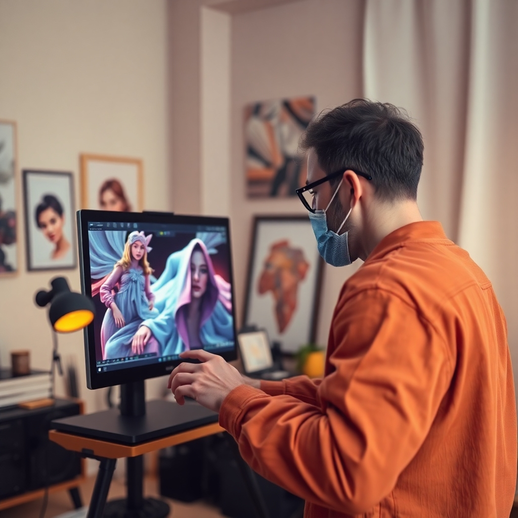 An artist using AI-powered software to create stunning digital art. The scene should convey the collaborative relationship between human creativity and artificial intelligence. Use a warm, inviting color palette with soft lighting. Render in high detail, capturing the textures of the artist's studio and the digital art. Camera angle: close-up, focusing on the artist and the screen. Style: Modern digital art studio. 4K resolution, photorealistic.