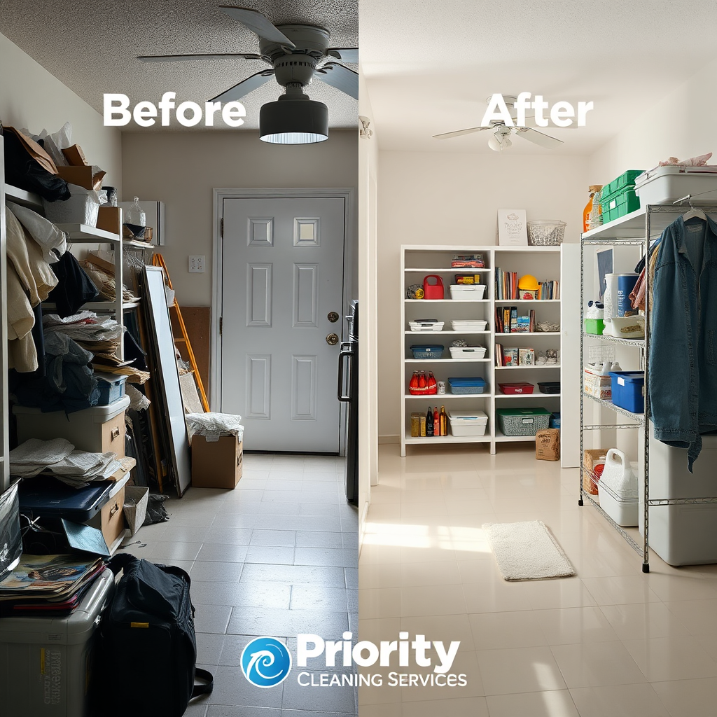 An image showcasing a before-and-after transformation of a messy space into a pristine and organized one, symbolizing the impact of Priority Cleaning Services. Technical specs: 4K resolution, high-quality split-screen with clear details.