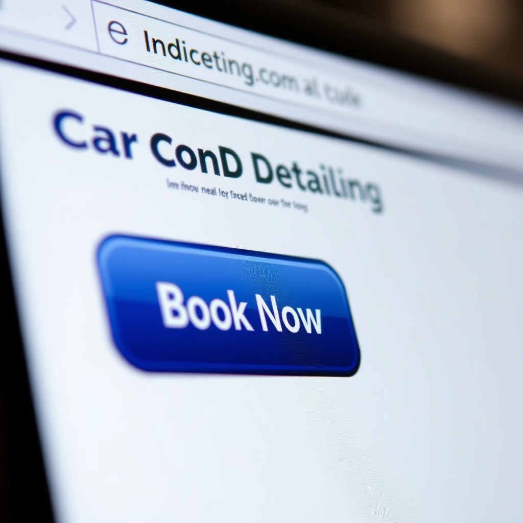 Close-up shot of a computer screen or smartphone displaying the 'Book Now' button on the 'Car On Demand Detailing' website or app. Emphasize the button's prominent placement and ease of use.