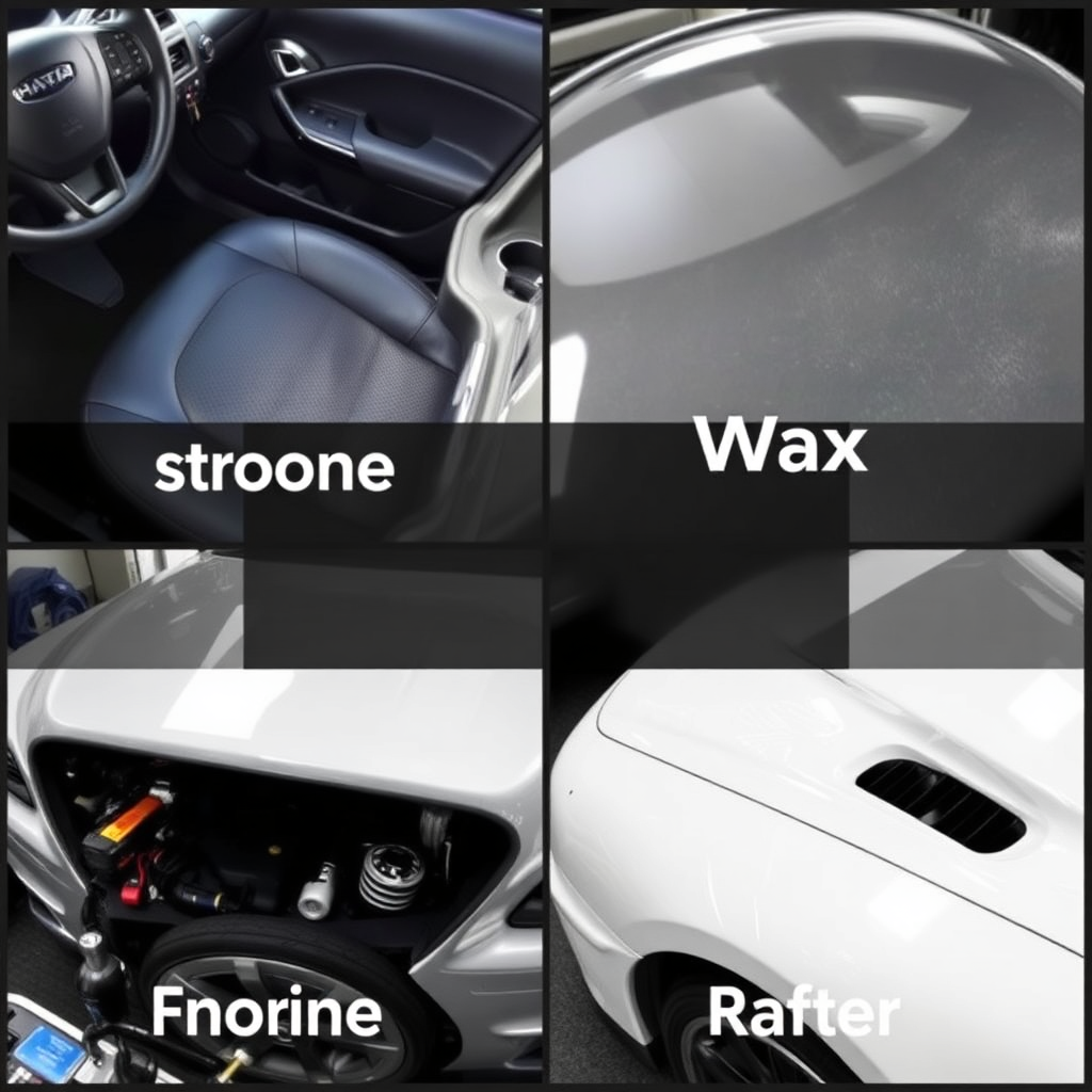 Collage of images showcasing the different detailing services offered: interior shampoo, ceramic coating, wax, engine cleaning. Each image should highlight the specific service and its benefits.