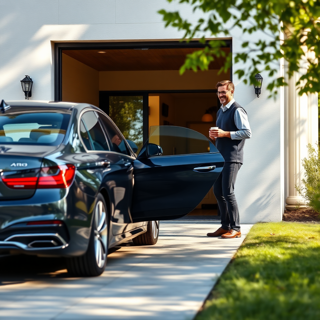 Create a photorealistic image of a luxury sedan being detailed in a driveway of a modern home. The homeowner is stepping out of their front door with a cup of coffee, smiling and waving at the technician. Morning light filters through the trees, casting soft shadows on the scene. Focus on portraying ease and convenience.