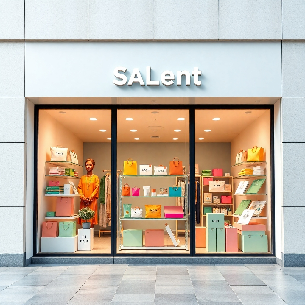 Create a photorealistic image of a digital storefront displaying various products. The storefront should be modern and inviting, with a clear and easy-to-navigate interface. The products should be diverse and appealing, representing a wide range of e-commerce categories. The color palette should be bright and cheerful, symbolizing sales and customer satisfaction. The camera angle should be a slightly elevated, wide shot, showcasing the entire storefront. Add texture details to the storefront (smooth surfaces, glass panels) and the products (realistic textures, vibrant colors). Style reference: modern e-commerce websites and retail displays. Technical specs: High resolution, realistic rendering.
