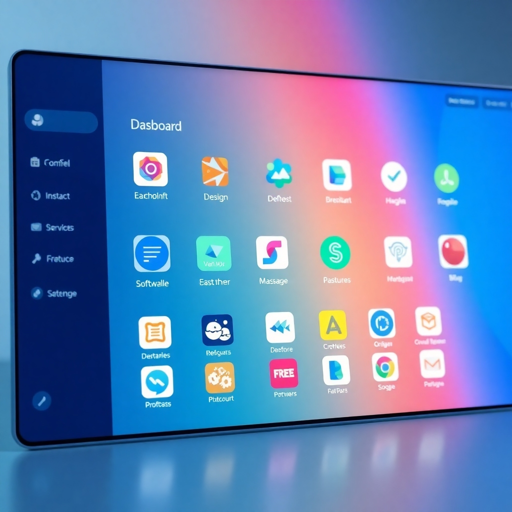 Create a photorealistic image of a streamlined digital dashboard displaying icons of essential software. The dashboard should be clean, modern, and intuitive, with a clear visual hierarchy. The software icons should be recognizable and representative of various creative and entrepreneurial tasks (e.g., design, writing, marketing). Use a color palette of cool blues and greens, with pops of bright accent colors. The camera angle should be a slightly elevated, wide shot, showcasing the entire dashboard. Add texture details to the dashboard surface (smooth matte finish) and the icons (subtle gradients, soft shadows). Style reference: modern UI/UX design. Technical specs: High resolution, realistic rendering.