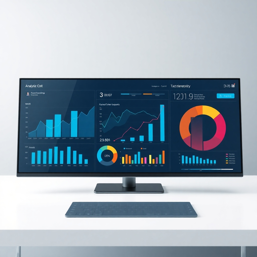 Create a photorealistic image of a digital dashboard displaying various charts and graphs. The dashboard should be clean and modern, with a clear visual hierarchy. The charts and graphs should be dynamic and informative, representing key performance indicators. The color palette should be cool and professional, symbolizing data analysis and strategic decision-making. The camera angle should be a slightly elevated, wide shot, showcasing the entire dashboard. Add texture details to the dashboard surface (smooth matte finish) and the charts and graphs (subtle gradients, soft shadows). Style reference: modern analytics dashboards and data visualization. Technical specs: High resolution, realistic rendering.