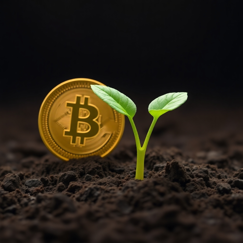 Create a photorealistic image of a digital coin transforming into a sprout, pushing through rich soil. The coin should be detailed and realistic, with a subtle golden sheen. The sprout should be vibrant and healthy, symbolizing growth and financial success. The background should be a dark, earthy color, emphasizing the coin and the sprout. The camera angle should be a close-up, focusing on the transformation process. Add texture details to the coin (engraved details, subtle scratches) and the sprout (delicate leaves, textured soil). Style reference: naturalistic and financial imagery. Technical specs: High resolution, realistic rendering.