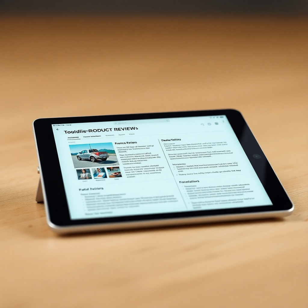 Create a photorealistic image of a digital tablet displaying a detailed product review. The tablet should be sleek and modern, with a clear and easy-to-read interface. The product review should include images, ratings, and detailed descriptions. The color palette should be informative and professional, symbolizing unbiased analysis and purchasing guidance. The camera angle should be a slightly elevated, close-up shot, showcasing the tablet and the product review. Add texture details to the tablet (smooth glass surface, metallic frame) and the product review (realistic images, readable text). Style reference: modern product review websites and digital publications. Technical specs: High resolution, realistic rendering.