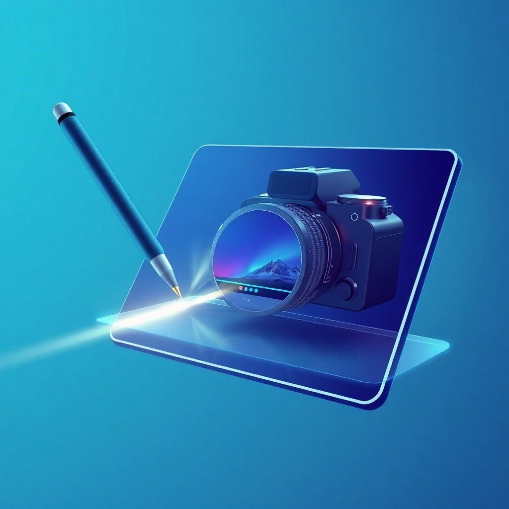 Create a stylized image depicting a digital pen writing on a holographic screen, transforming into a video camera. The pen should be sleek and modern, emitting a stream of light that forms the shape of the camera. The holographic screen should display a partially edited video project. The color palette should consist of cool blues and greens, symbolizing technology and creativity. The camera angle should be a dynamic, angled shot, emphasizing the transformation process. Add texture details to the pen (smooth metallic finish, glowing lights) and the screen (holographic effect, subtle patterns). Style reference: futuristic technology and content creation tools. Technical specs: High resolution, high quality rendering.