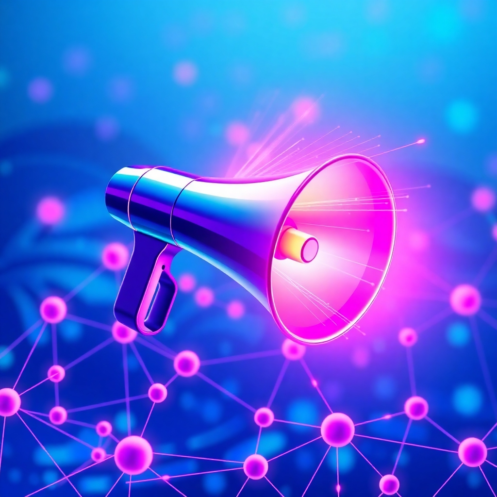 Create a stylized image depicting a digital megaphone broadcasting across a network of interconnected nodes. The megaphone should be sleek and modern, emitting a wave of vibrant energy. The interconnected nodes should represent a network of users, each receiving the message. The color palette should consist of bright blues, purples, and pinks, symbolizing energy and connectivity. The camera angle should be a dynamic, angled shot, emphasizing the reach and impact of the megaphone. Add texture details to the megaphone (smooth metallic finish, glowing lights) and the interconnected nodes (subtle gradients, abstract shapes). Style reference: digital marketing and network visualization. Technical specs: High resolution, high quality rendering.