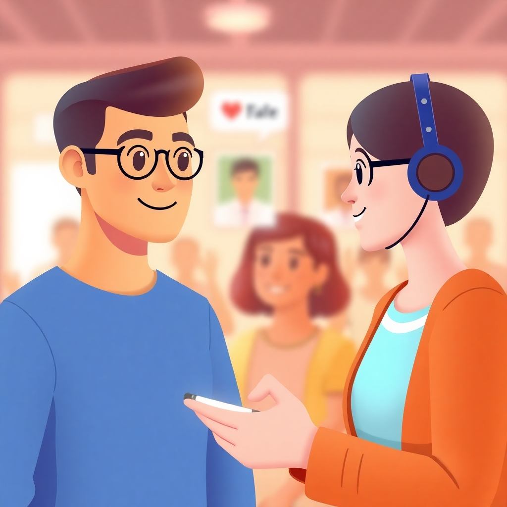 Create a stylized image depicting a digital avatar receiving personalized recommendations from a virtual assistant. The avatar should be diverse and representative of different user demographics. The virtual assistant should be friendly and helpful, providing customized suggestions. The color palette should be warm and inviting, symbolizing personalized service and customized solutions. The camera angle should be a slightly elevated, wide shot, showcasing the avatar and the virtual assistant. Add texture details to the avatar (smooth surfaces, subtle gradients) and the virtual assistant (friendly facial expressions, helpful gestures). Style reference: personalized recommendation engines and virtual assistant interfaces. Technical specs: High resolution, high quality rendering.