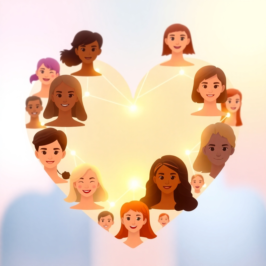 Create a stylized image depicting a network of interconnected avatars forming a heart shape. The avatars should be diverse and representative of different customer demographics. The heart shape should be glowing and radiating a warm, inviting light. The background should be a soft, blurred gradient of pastel colors. The camera angle should be a close-up, focusing on the heart shape and the interconnected avatars. Add texture details to the avatars (smooth surfaces, subtle gradients) and the heart shape (glowing light, abstract patterns). Style reference: customer relationship management and network visualization. Technical specs: High resolution, high quality rendering.