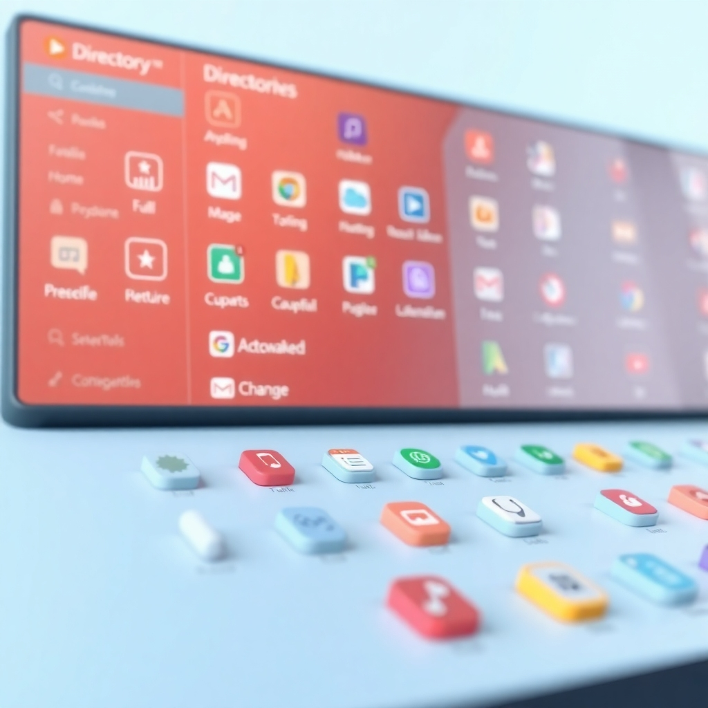 Create a stylized image depicting a digital directory with neatly organized categories and tool icons. The directory should be clean and intuitive, with a clear visual hierarchy. The tool icons should be recognizable and representative of various digital functions. The color palette should be calming and professional, symbolizing organization and efficiency. The camera angle should be a slightly elevated, wide shot, showcasing the entire directory. Add texture details to the directory interface (smooth surfaces, subtle gradients) and the tool icons (realistic textures, vibrant colors). Style reference: modern directory interfaces and icon design. Technical specs: High resolution, high quality rendering.
