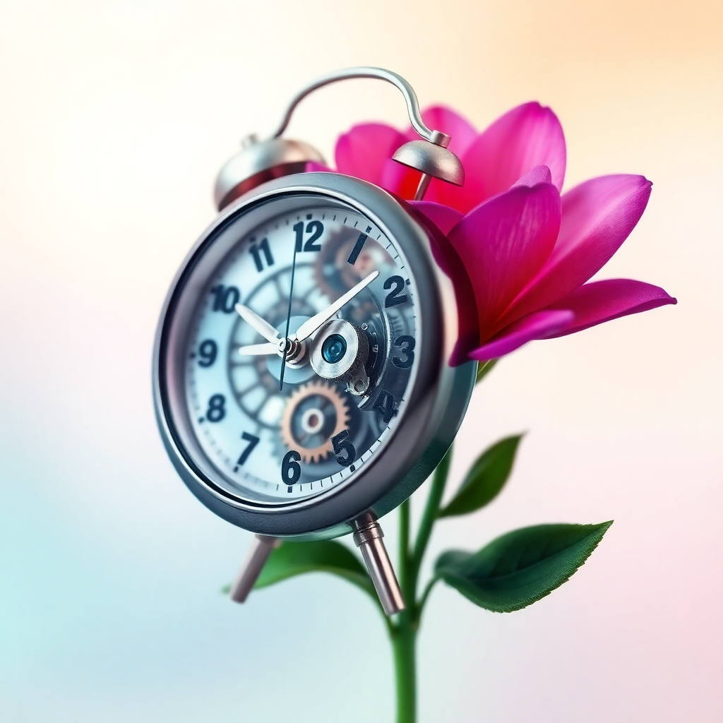 Create a stylized image representing a digital clock transforming into a blooming flower. The clock should be partially transparent, revealing the intricate mechanics within. The flower should be vibrant and colorful, symbolizing growth and productivity. The background should be a soft, blurred gradient of pastel colors. The camera angle should be a close-up, focusing on the transition between the clock and the flower. Add texture details to the clock (metallic sheen, intricate gears) and the flower (delicate petals, soft lighting). Style reference: surreal and abstract art. Technical specs: High resolution, high quality rendering.