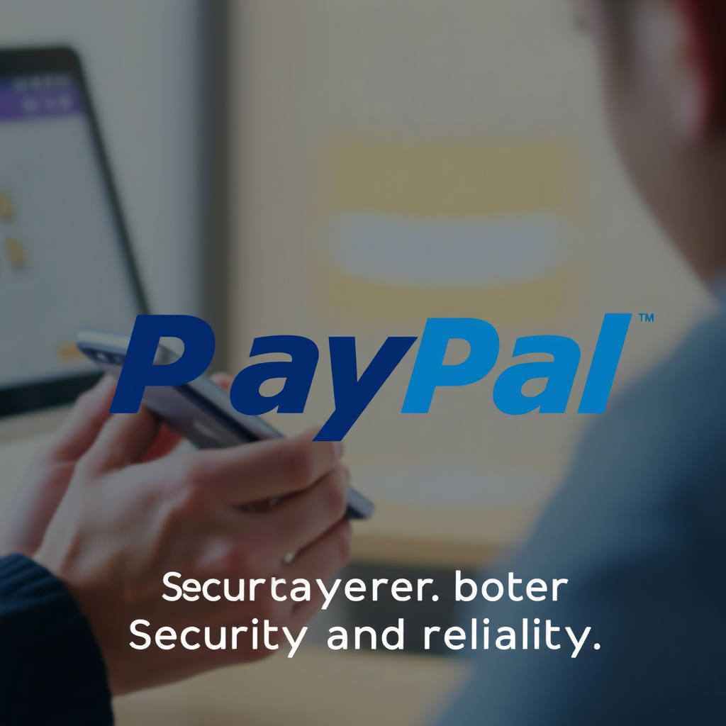 Display the PayPal logo prominently, with a subtle background image of a person securely completing a payment transaction on their smartphone or computer. Emphasize the security and reliability of the payment method.