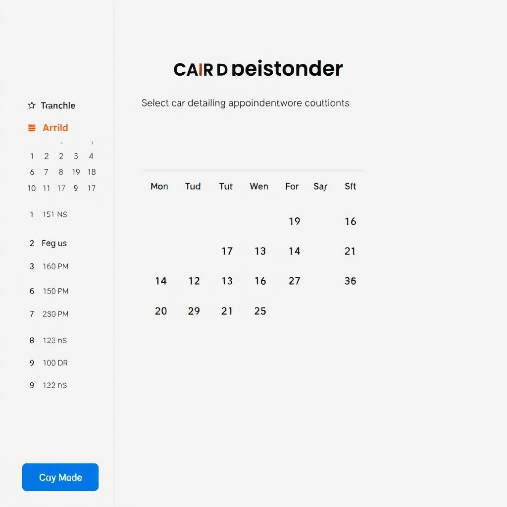 Image of a calendar interface where the user can select a date and time for their car detailing appointment. Focus on the user-friendly design and the availability of various scheduling options.