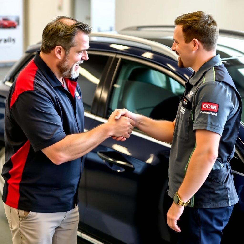 Image of a happy customer shaking hands with a Car on Demand Detailing employee. A clean, detailed car is in the background.