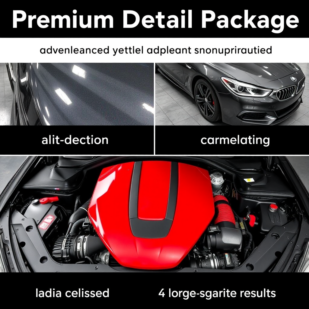 Image showcasing the advanced detailing services included in the Premium Detail Package: paint correction, ceramic coating application, and a clean engine bay. Highlight the enhanced protection and long-lasting results.
