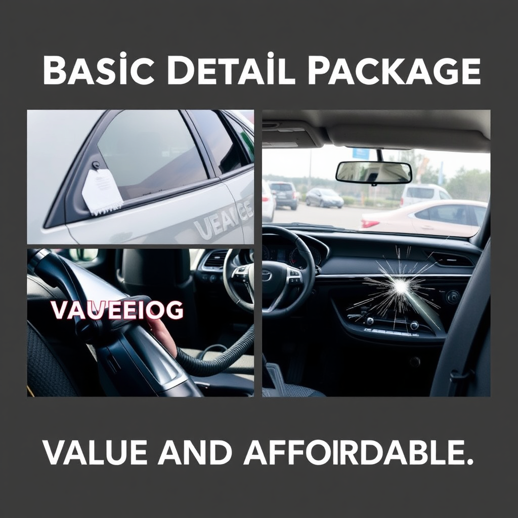 Image showcasing the key elements of the Basic Detail Package: a clean and shiny exterior, a vacuumed interior, and sparkling windows. Focus on showcasing the value and affordability of the package.