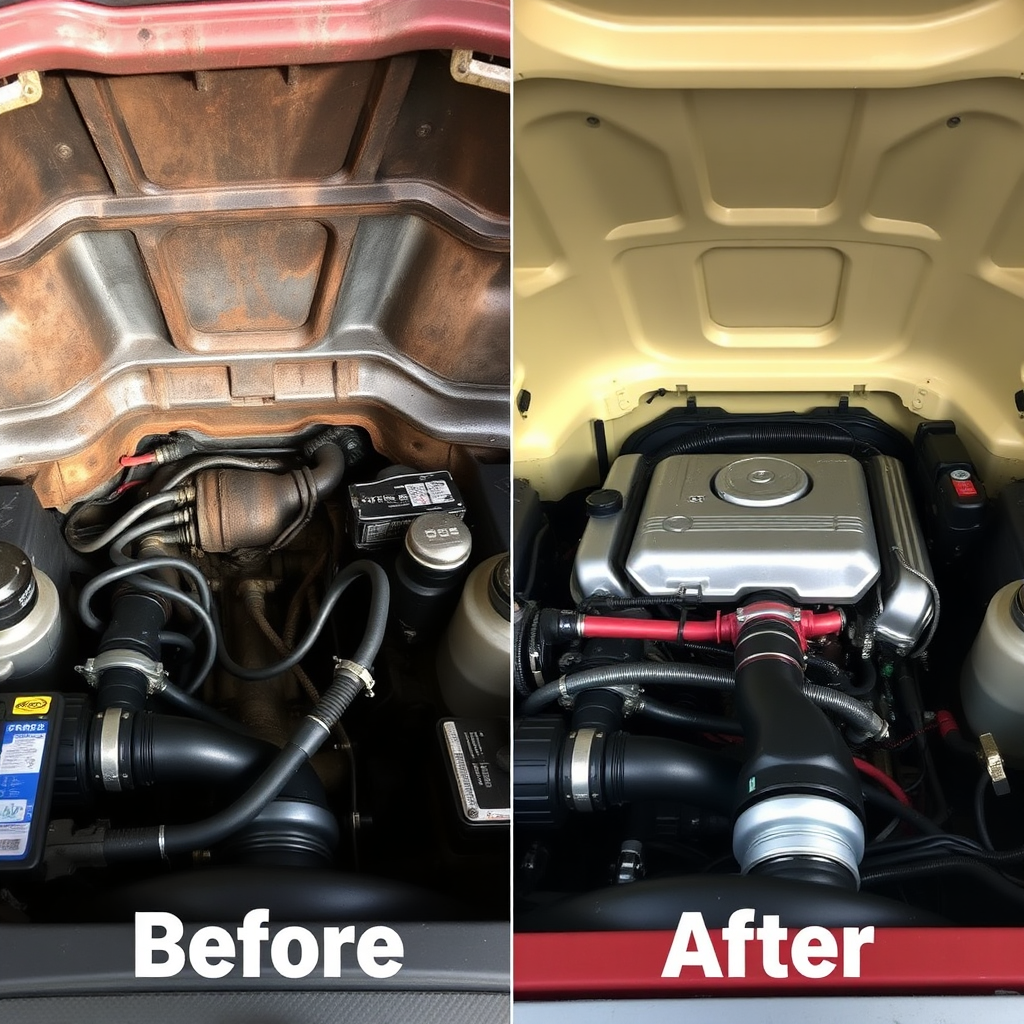 Split image showing a dirty and greasy engine bay on one side ('before') and the same engine bay meticulously cleaned and detailed on the other side ('after'). Focus on the improved appearance and the restored functionality.