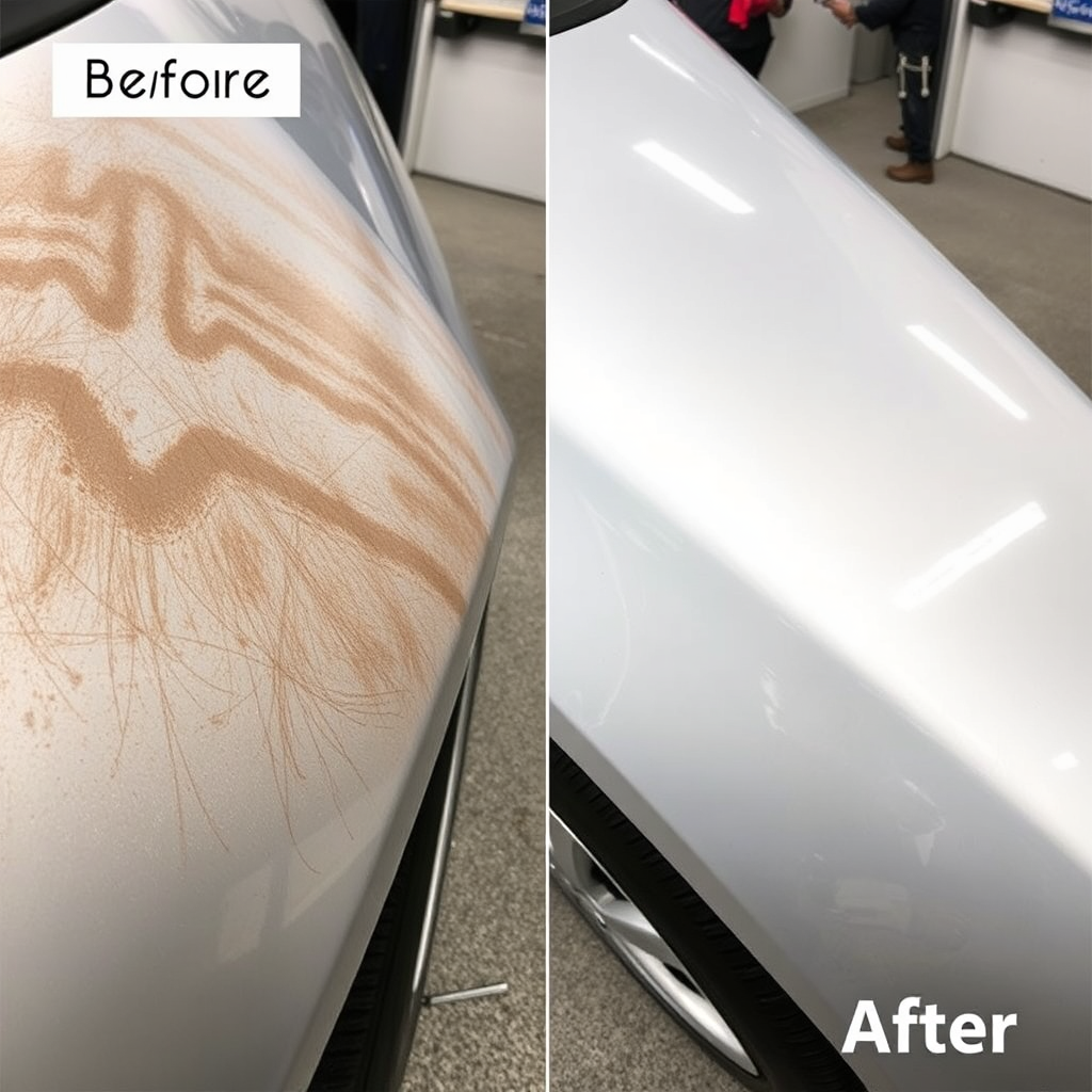Split image showing a faded and scratched car exterior on one side ('before') and the same exterior perfectly polished and gleaming on the other side ('after'). Highlight the removal of imperfections and the restored paint clarity.