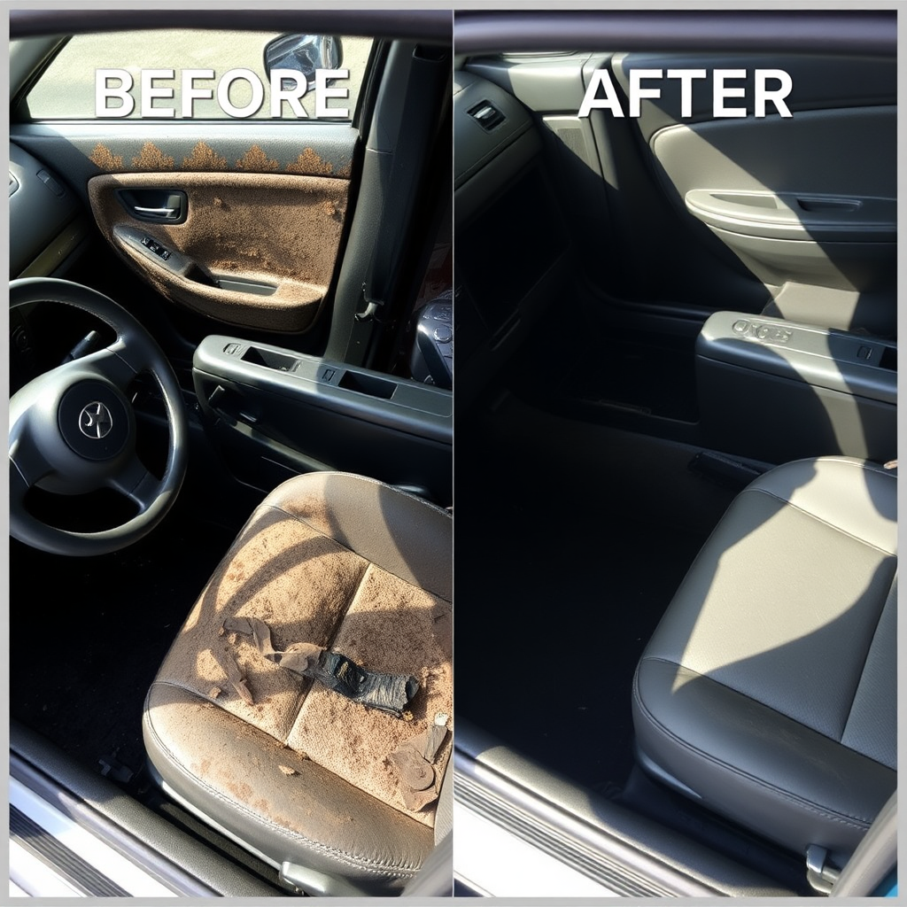 Split image showing a heavily soiled car interior on one side ('before') and the same interior meticulously cleaned and restored on the other side ('after'). Focus on the dramatic difference and the attention to detail.