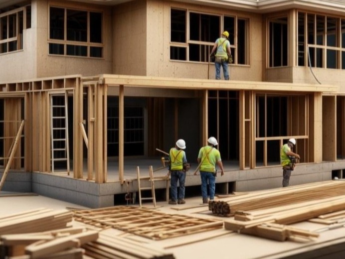 An image showing a construction site with workers collaborating on a building project. The image should showcase the teamwork and progress of the construction process. 4K resolution.