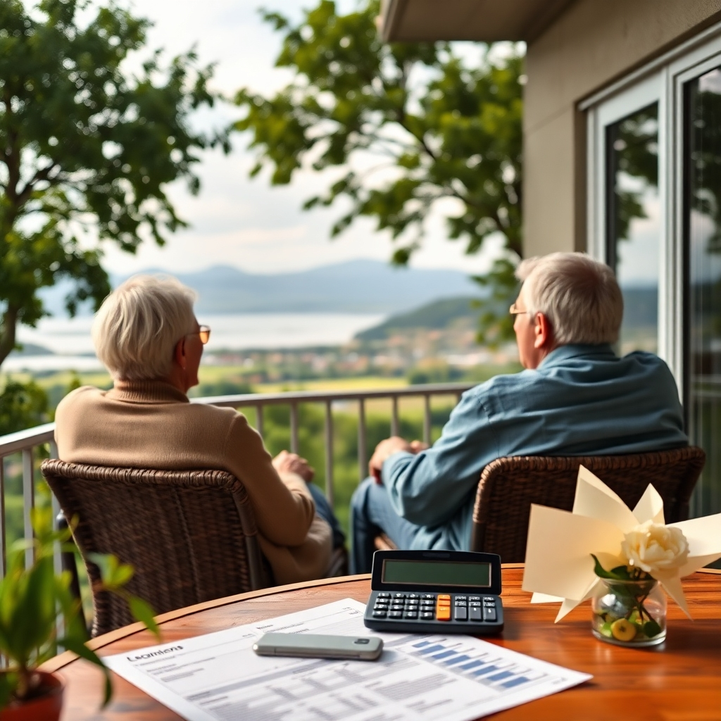 A close-up of an older couple relaxing on a balcony with a scenic view, enjoying their retirement. The background includes a table with financial documents and a calculator, highlighting a peaceful lifestyle supported by annuity planning, surrounded by greenery.