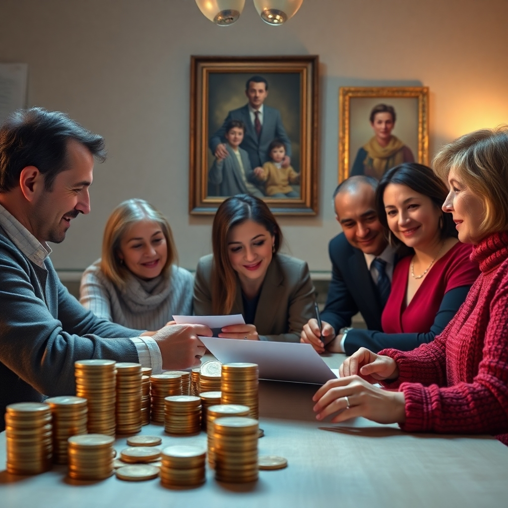 A detailed image of a family gathered around a table, discussing estate planning documents with a lawyer. Background elements should include stacks of coins and family portraits, symbolizing legacy, wealth preservation, and thoughtful planning.