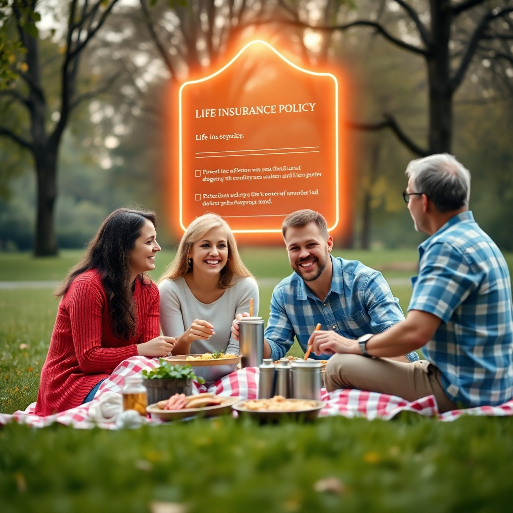 A photorealistic image of a family enjoying a picnic in a park, symbolizing security and happiness. Include visual elements like a glowing outline of a life insurance policy hovering above them, representing protection and peace of mind.