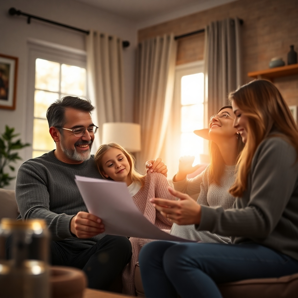 A serene family scene in a cozy living room, depicting a smiling family of four. The parents are discussing financial documents with a sense of security, while sunlight streams in through the window, illuminating a picture of them together, symbolizing love, protection, and planning.