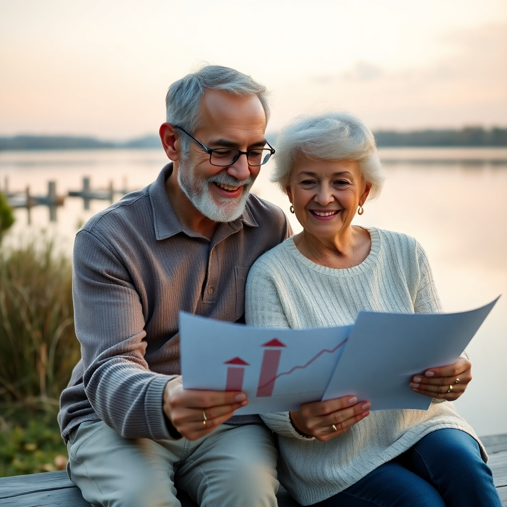 A serene retirement scene showing an older couple smiling and reviewing financial documents together, overlooking a peaceful lake. Incorporate visual indicators like arrows or charts illustrating upward trends, indicating smart investment growth.