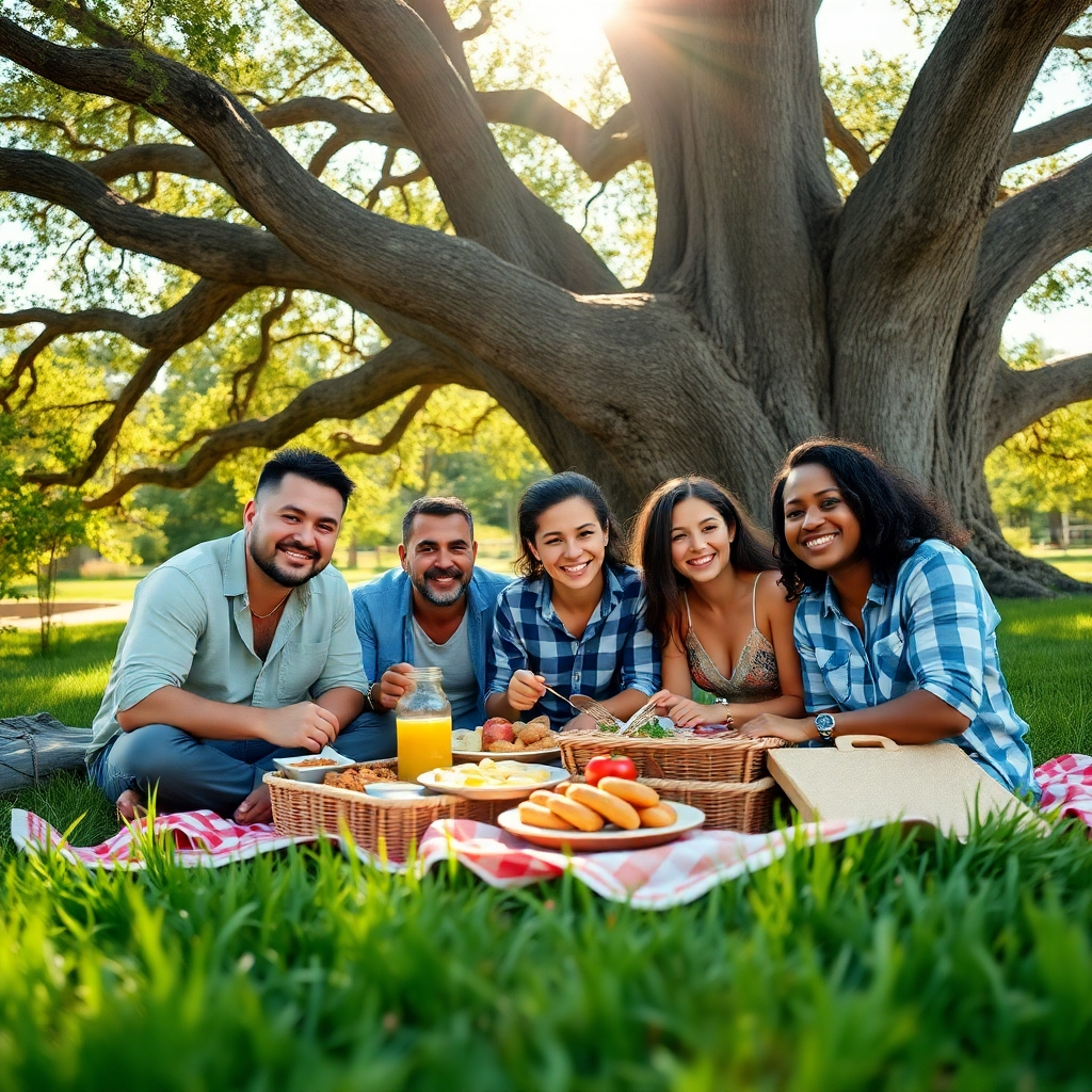 Create a photorealistic image showcasing a diverse family outdoors, enjoying a sunny picnic under a sprawling oak tree. Soft diffused lighting captures the warmth of the day, with vibrant greens from the grass and deep blue skies. The family includes a mix of ages and ethnicities, smiling as they share a moment together, reinforcing the theme of protection and love. Use a camera angle slightly above eye level, focusing on their joyful expressions and picnic spread. The textures of the picnic blanket, food items, and the tree's bark should be highly detailed. Include soft sun rays filtering through the leaves, enhancing the serene mood. The image should have a warm, inviting color palette, demonstrating comfort and peace. Aim for an ultra-high-definition quality of at least 8K resolution, hyperrealistic rendering, and impeccable detail to bring out every nuance of this heartfelt family moment.