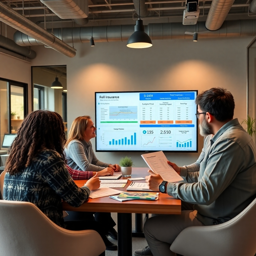 Create a photorealistic image of a diverse group of self-employed individuals in a modern co-working space discussing health insurance options. The atmosphere should be collaborative, showcasing charts and documents that illustrate group rates and coverage details on a large screen.