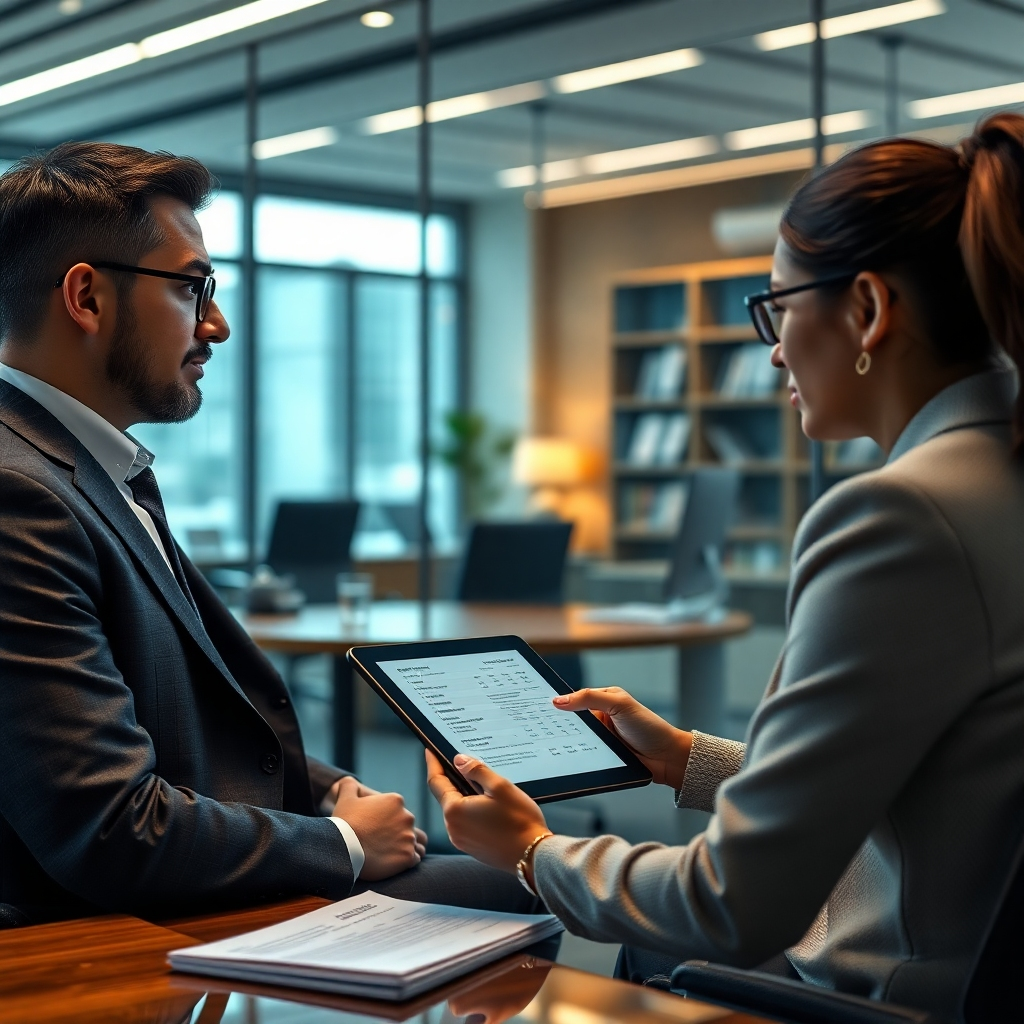 Design a detailed image of a stylish office environment where a self-employed individual is meeting with a financial advisor. The scene should display various insurance documents and a digital tablet showing a financial plan, emphasizing life insurance, annuities, and corporate benefits.