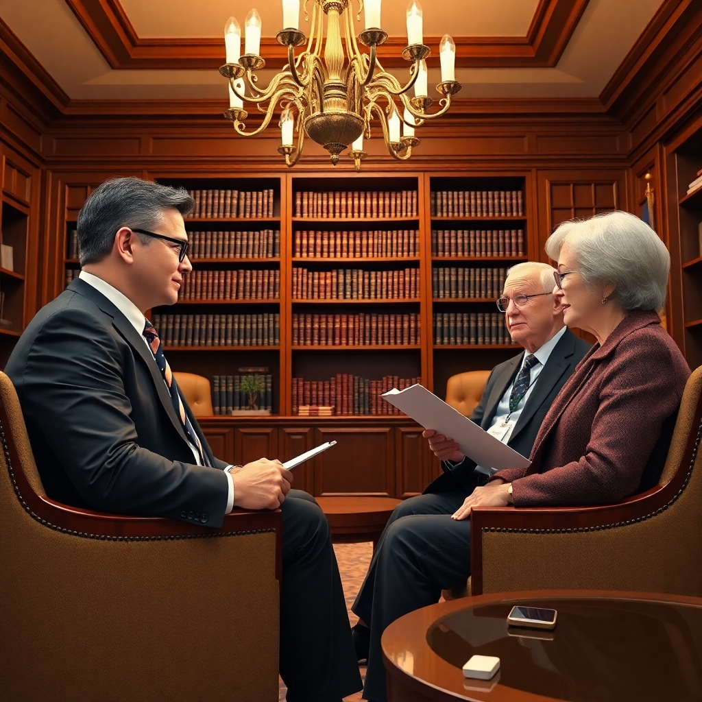 Illustrate a sophisticated office setting with a well-dressed financial advisor consulting a mature couple. The room is elegantly decorated with rich wooden furniture and warm lighting from an ornate chandelier, creating an atmosphere of trust and professionalism. The advisor, looking confident and approachable, sits across from the couple, discussing estate planning documents. The couple, a Caucasian man and an Asian woman, are engaged and taking notes, showing their interest. Include a bookshelf filled with finance and legal books in the background, symbolizing knowledge and reliability. Use a slightly low angle perspective to emphasize the stature of the advisor and the significance of the conversation. Aim for an ultra-detailed rendering, showcasing textures in clothing and materials in the room. The image should evoke a mood of calm assurance and clarity, rendered in 8K resolution for hyperrealism.