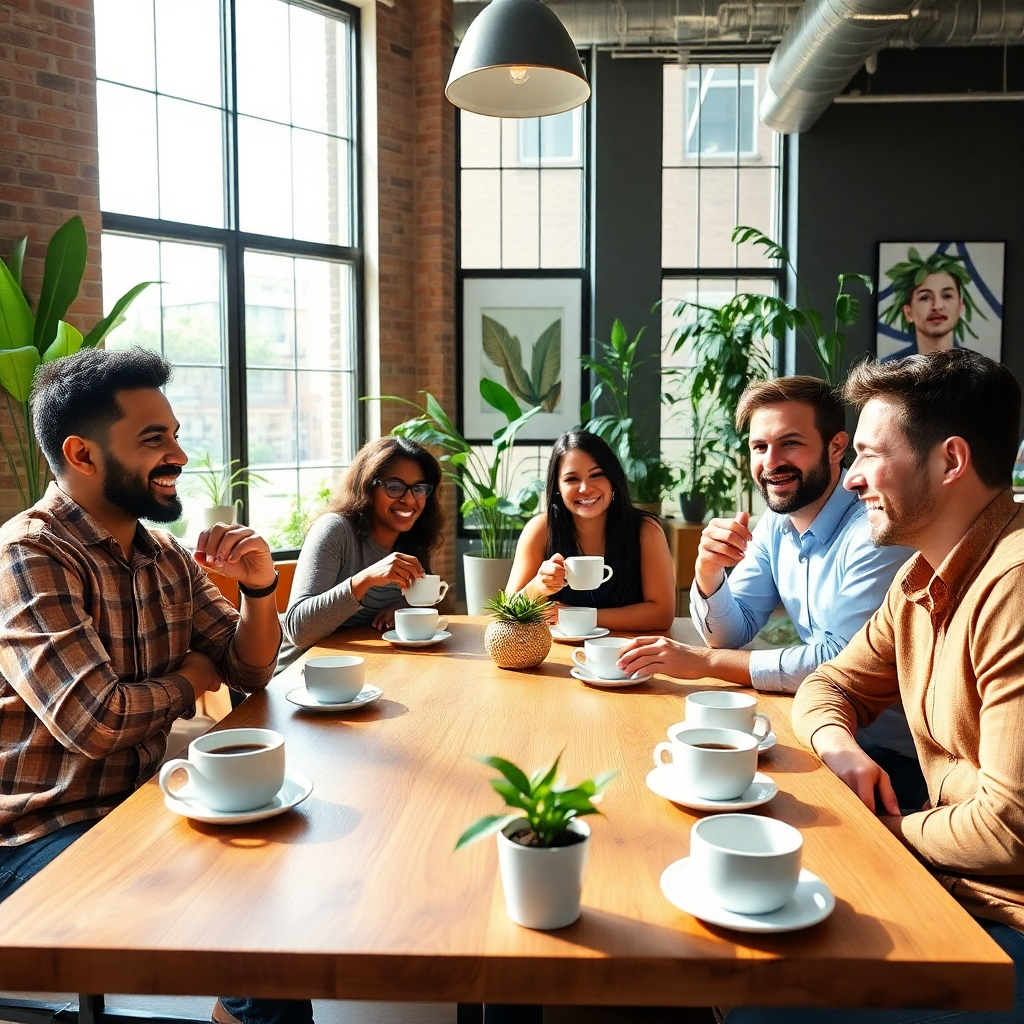 Produce a dynamic image of a diverse group of self-employed individuals, gathered in a stylish urban coworking space. They are animatedly discussing health insurance benefits over coffee at a large communal table adorned with modern decor elements such as plants and art. The lighting is bright and inviting with large windows allowing natural light to pour in, highlighting their engaging expressions. Capture a mix of ethnicities, including a Hispanic man, a Black woman, and a Caucasian man, all visibly enthusiastic about the conversation. Use a camera angle at eye level to represent inclusivity and collaboration. The textures of the natural wood table, coffee cups, and plants should be richly detailed. The mood should be optimistic and forward-looking, reflecting the potential of affordability and community support in healthcare. Render in ultra-high quality at 8K resolution, ensuring every detail pops in hyperrealistic fashion.