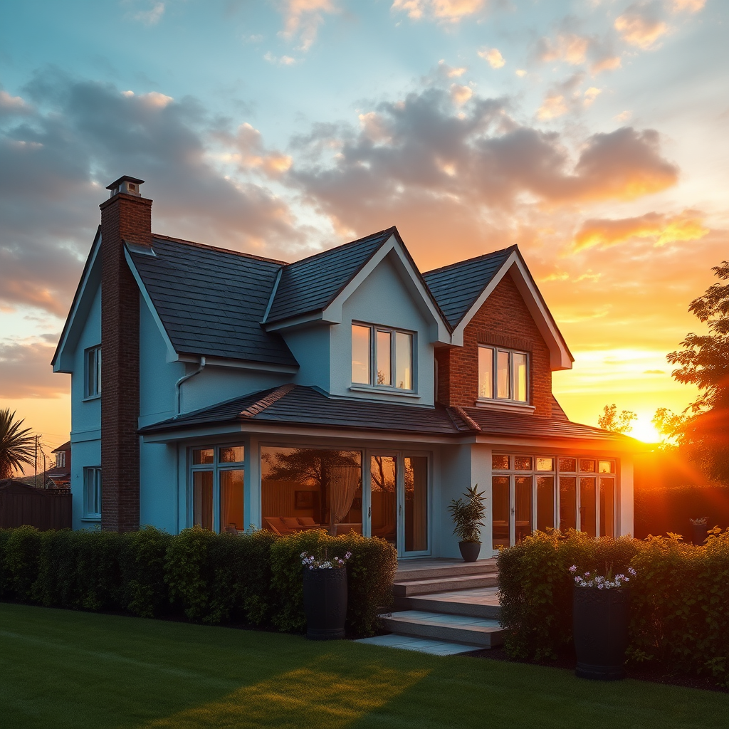 A beautiful house with a new extension during sunset. Render in 4k resolution.