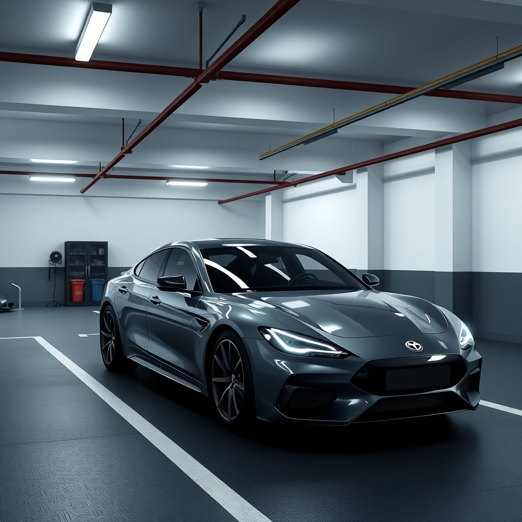 A car is being parked in a spacious, modern garage. Render in 4K resolution.