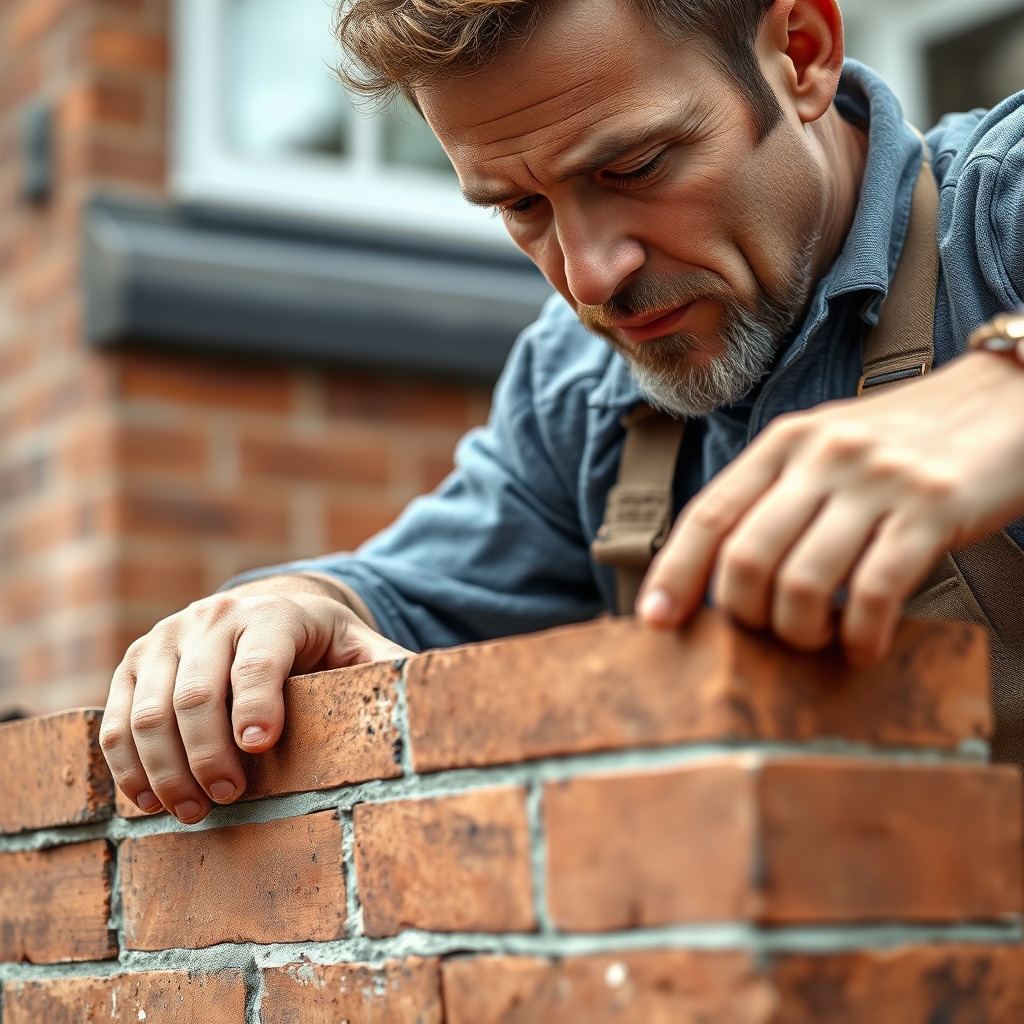 A close-up, photorealistic image of a skilled craftsman meticulously laying bricks for a home extension. Focus on the texture of the brick, the precision of the mortar joints, and the craftsman's focused expression. Use natural light to highlight the quality of the work. The background should be subtly blurred to emphasize the craftsmanship. Render in 4K resolution.