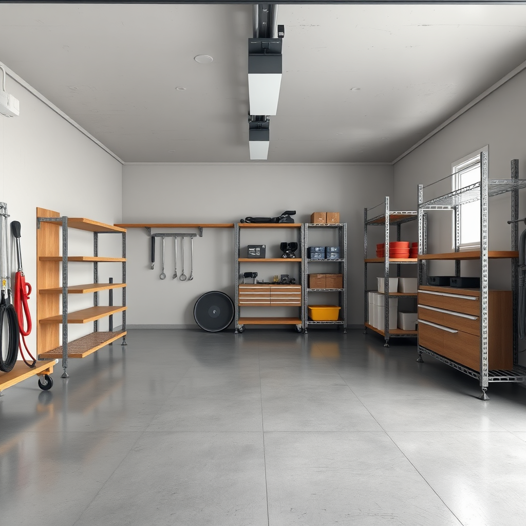 A high-quality image of the interior of a newly constructed garage. The focus should be on the materials used: the smooth, sealed concrete floor, the sturdy shelving units, and the well-organized storage space. The lighting should be bright and even to showcase the quality of the materials. Render in 4K resolution.