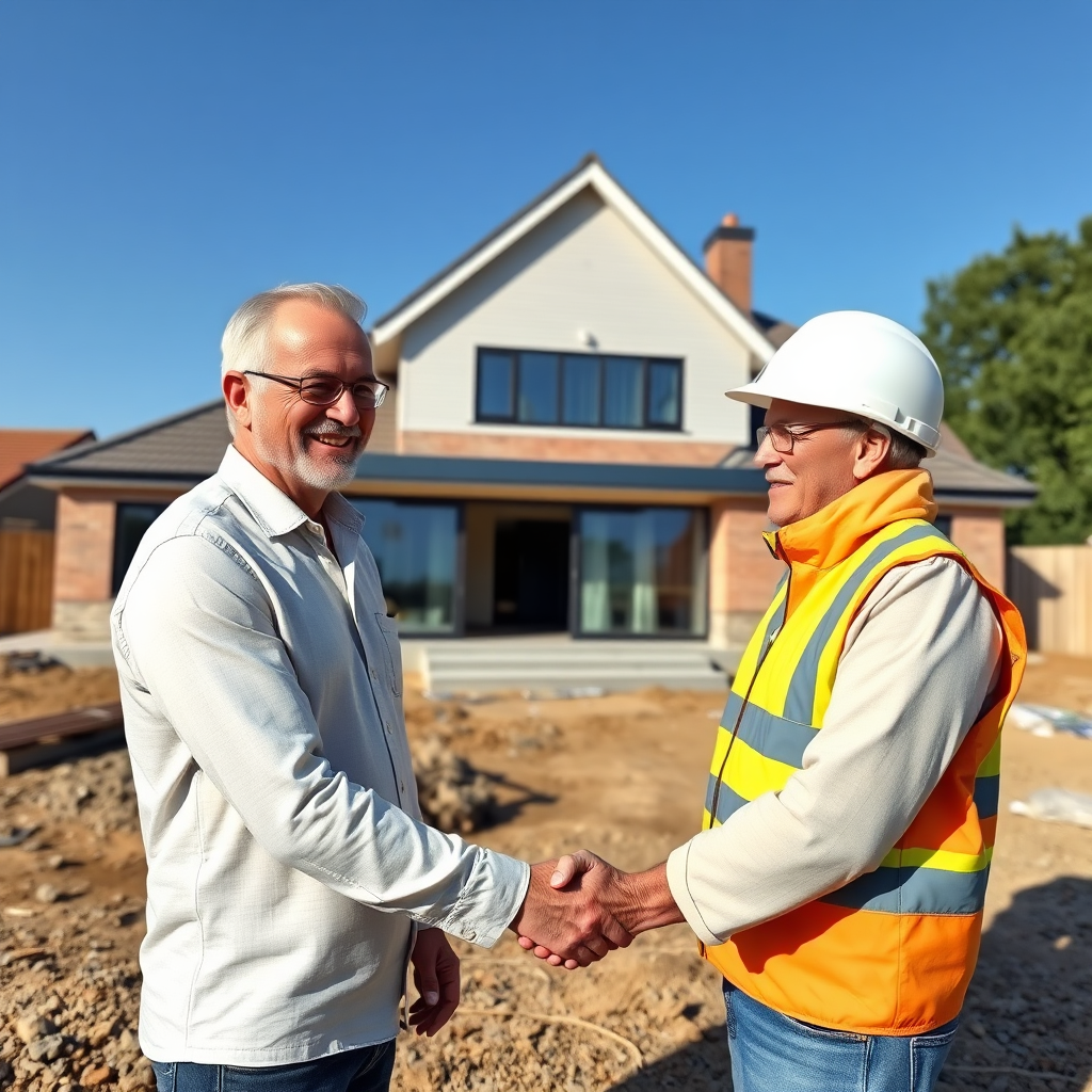 A homeowner smiling, shaking hands with an architect on a residential construction site. Behind them is a new home extension that has been completed. The weather is sunny, with clear blue skies. Render in 4K resolution.