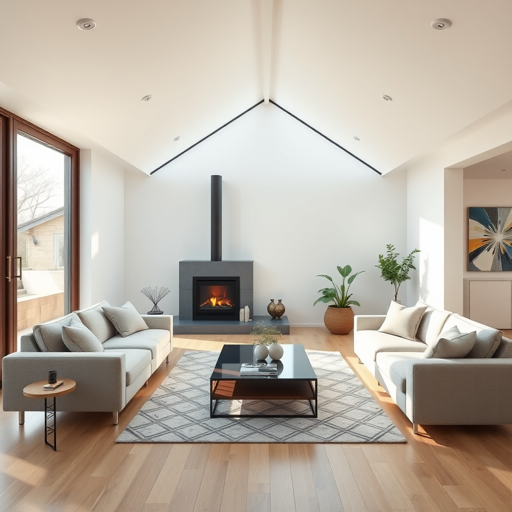 A photograph of a spacious living room in a house extension. Sunlight should be streaming in, illuminating a sofa, a fireplace and a coffee table. Render in 4K resolution.