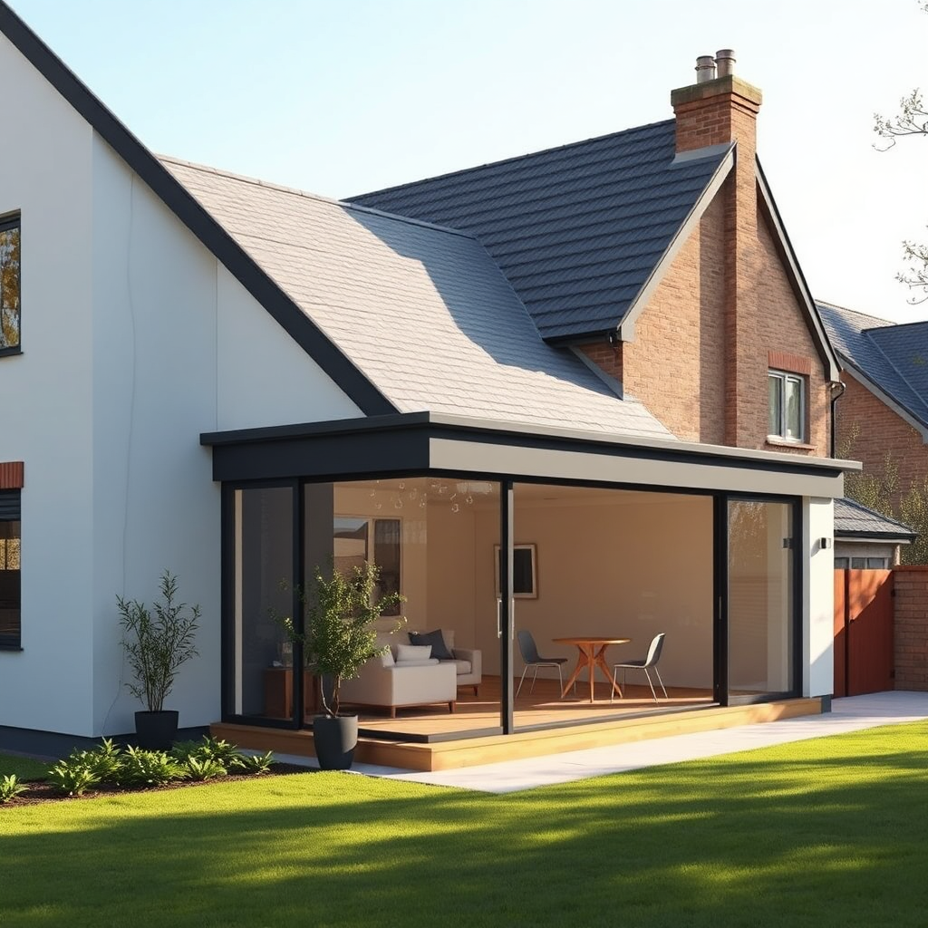 A side view of a modern single-story home extension, highlighting the seamless integration with the existing house. Focus on the clean lines, large windows, and natural materials used in the construction. The extension is bathed in soft, natural light. Render in 4K resolution.