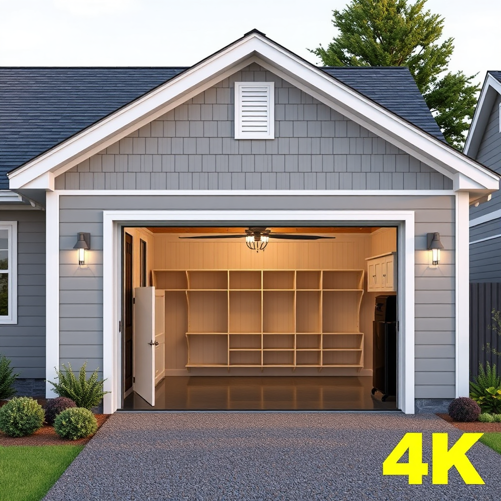 An exterior shot of a newly constructed detached garage, showcasing its sturdy construction and appealing design. The garage door is open, revealing a clean and organized interior. The surrounding landscape is well-maintained. Render in 4K resolution.