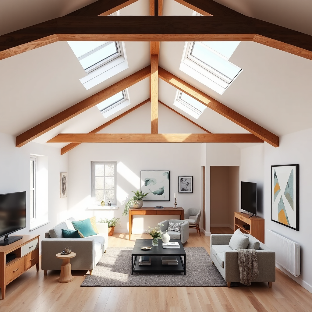 An interior shot of a finished loft conversion, showcasing a bright and airy living space with comfortable furniture and stylish décor. Natural light streams in through skylights. Render in 4K resolution.