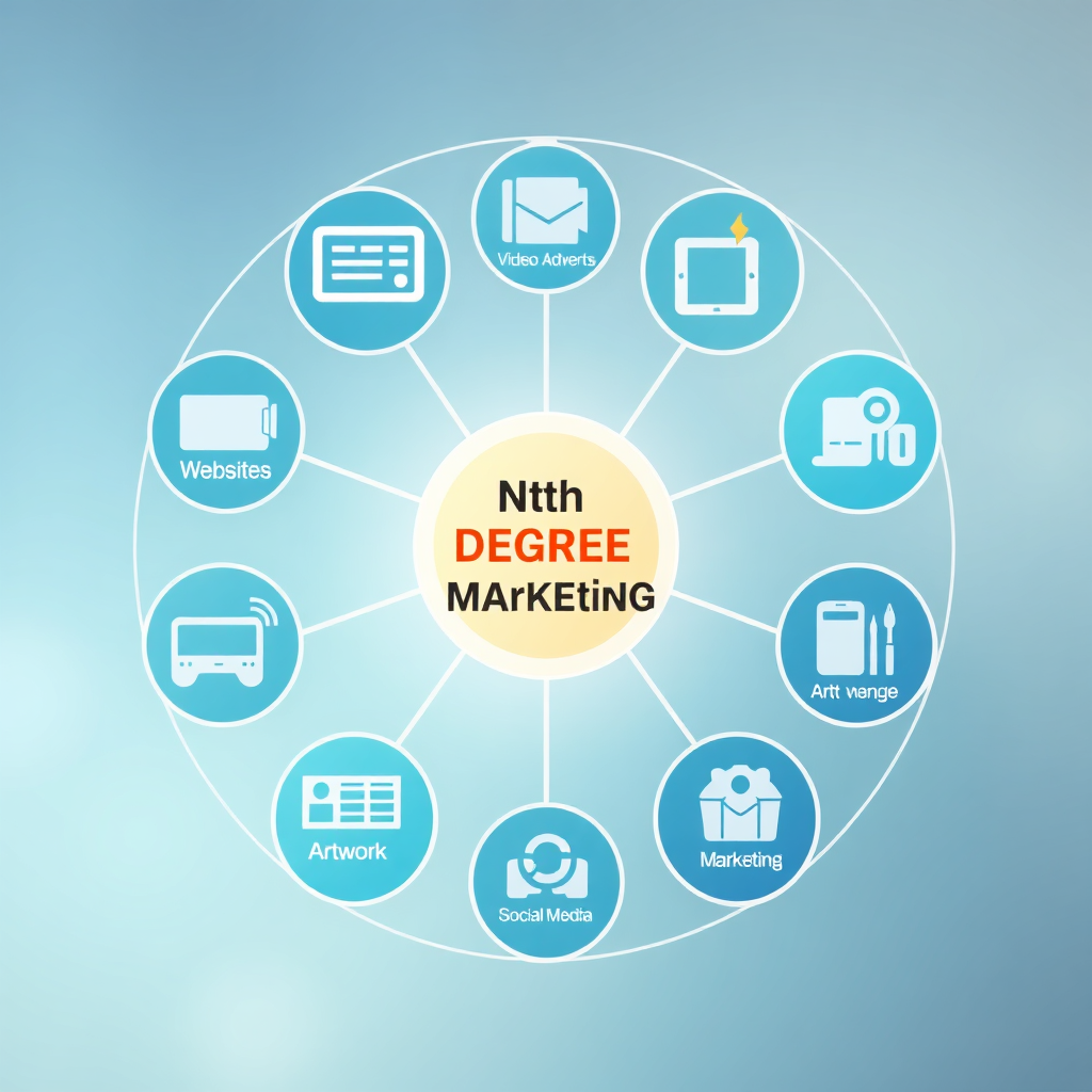 Create a 4K resolution, high-quality image representing Nth Degree Marketing. The image should feature a stylized representation of interconnected icons symbolizing Websites, Video Adverts, Artwork creation, Social Media Marketing, and B2B interactions. These icons should be arranged in a circular or network-like composition, radiating outwards from a central point representing the company's core values. The color palette should consist of professional blues, greens, and grays, accented by pops of vibrant orange or yellow to draw the eye. The lighting should be soft and even, creating a sense of professionalism and trust. The style should be modern and clean, incorporating elements of both digital and artistic design. Subtle depth of field can be used to highlight the key elements. The overall feel should be innovative, reliable, and results-driven.